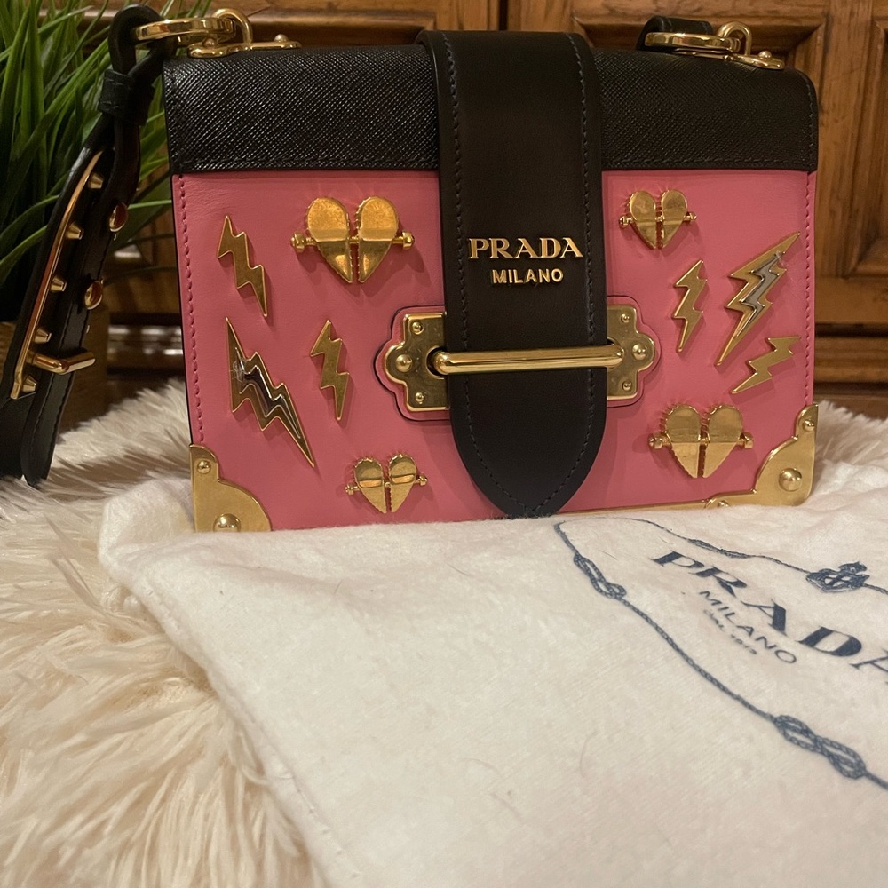Prada Pink and Black Embellished Leather Crossbody Bag with Gold Hardware
